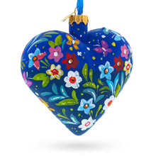 Load image into Gallery viewer, Blue Folk Art Whimsical Doves &amp; Flowers Heart Glass Ornament