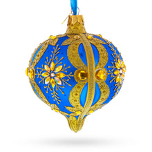 Load image into Gallery viewer, Blue and Gold Jeweled Floral Burst Onion-Shape Finial Glass Christmas Ornament