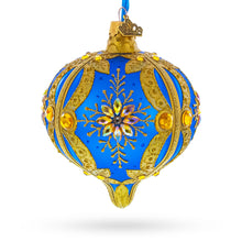 Load image into Gallery viewer, Blue and Gold Jeweled Floral Burst Onion-Shape Finial Glass Christmas Ornament