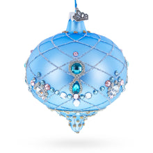 Load image into Gallery viewer, Blue Jeweled Lattice Diamond Onion-Shape Finial Glass Christmas Ornament