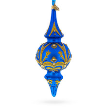 Load image into Gallery viewer, Jeweled Gold Scrollworks on Blue Double-Ended Finial Drop Glass Christmas Ornament