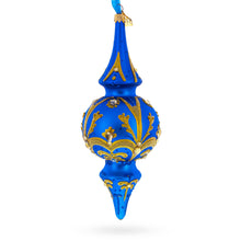 Load image into Gallery viewer, Jeweled Gold Scrollworks on Blue Double-Ended Finial Drop Glass Christmas Ornament