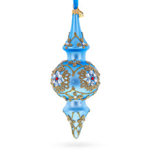 Load image into Gallery viewer, Royal Blue Jeweled Scroll Double-Ended Finial Drop Glass Christmas Ornament