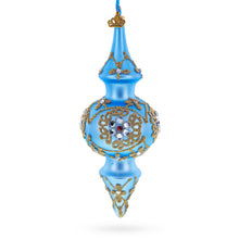 Load image into Gallery viewer, Royal Blue Jeweled Scroll Double-Ended Finial Drop Glass Christmas Ornament