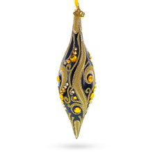 Load image into Gallery viewer, Black &amp; Gold Jeweled Swirl Elongated Pointed Teardrop Finial Glass Christmas Ornament