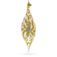 Load image into Gallery viewer, Ivory &amp; Gold Pearl Embossed Elongated Pointed Teardrop Finial Glass Christmas Ornament
