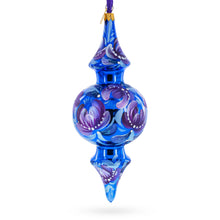 Load image into Gallery viewer, Cobalt Blue Floral Double-Ended Finial Drop Glass Christmas Ornament