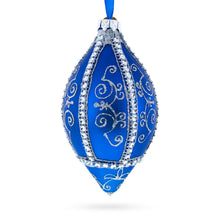 Load image into Gallery viewer, Jeweled Pattern on Blue Pointed Teardrop Finial Glass Christmas Ornament