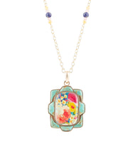 Load image into Gallery viewer, Scenic Floral and Blue Turquoise Golden Pendant Necklace