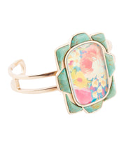 Load image into Gallery viewer, Scenic Floral Blue Turquoise and Golden Cuff Bracelet