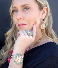 Load image into Gallery viewer, Scenic Floral Blue Turquoise and Golden Cuff Bracelet