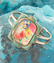Load image into Gallery viewer, Scenic Floral Blue Turquoise and Golden Cuff Bracelet