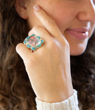 Load image into Gallery viewer, Scenic Red Florals Blue Apatite Golden Statement Ring