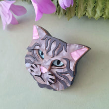 Load image into Gallery viewer, Scottish Wild Cat Grey Tabby Brooch by Cherryloco