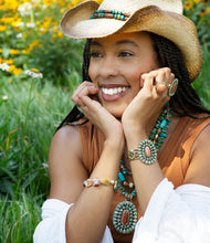 Load image into Gallery viewer, Sedona Blue Turquoise Goldtone Statement Cuff Bracelet