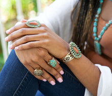 Load image into Gallery viewer, Sedona Blue Turquoise Orange Goldstone Golden Statement Ring