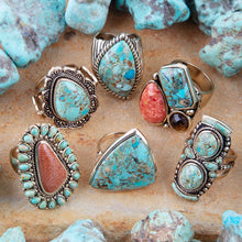 Load image into Gallery viewer, Sedona Blue Turquoise Orange Goldstone Golden Statement Ring