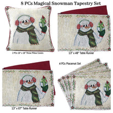 Load image into Gallery viewer, DaDa Bedding Set of 8 Pieces Magical Snowman Holiday Table Tapestry - 4 Placemats, 2 Table Runners, 2 Throw Pillow Covers (9733)