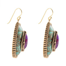 Load image into Gallery viewer, Stacked Stone Blue and Purple Turquoise Golden Drop Earrings