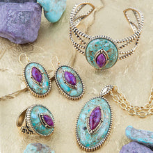 Load image into Gallery viewer, Stacked Stone Blue and Purple Turquoise Golden Drop Earrings