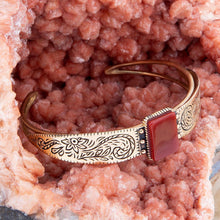Load image into Gallery viewer, Stamped Orange Carnelian Golden Cuff Bracelet