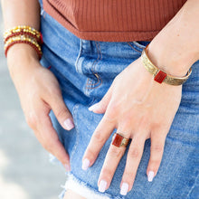 Load image into Gallery viewer, Stamped Orange Carnelian Golden Cuff Bracelet