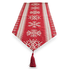 Load image into Gallery viewer, Snowflakes on Red Pattern Christmas Tablecloth Holiday Runner 76.5 Inches