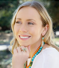 Load image into Gallery viewer, Talavera Tile and Blue Turquoise Golden Dangle Earrings