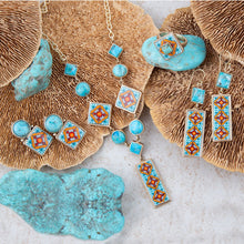 Load image into Gallery viewer, Talavera Tile and Blue Turquoise Golden Dangle Earrings