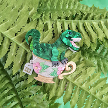Load image into Gallery viewer, Tea Rex Dinosaur Teacup Brooch by Cherryloco Jewellery