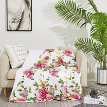 Load image into Gallery viewer, DaDa Bedding Romantic Roses Floral Throw Blanket - Lovely Spring Pink &amp; White Scalloped Colorful Lightweight Breathable - Bright Vibrant Quilted Throw Blanket - 50 x 60