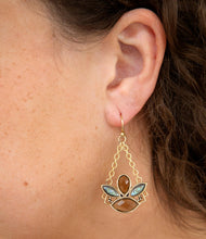Load image into Gallery viewer, Tribecca Blue Abalone Black Smoky Quartz Golden Drop Earrings