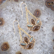 Load image into Gallery viewer, Tribecca Blue Abalone Black Smoky Quartz Golden Drop Earrings