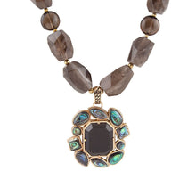 Load image into Gallery viewer, Tribecca Blue Abalone and Black Smoky Quartz Golden Statement Necklace