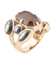 Load image into Gallery viewer, Tribecca Smoky Brown Quartz and Abalone Statement Golden Ring