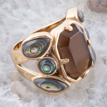 Load image into Gallery viewer, Tribecca Smoky Brown Quartz and Abalone Statement Golden Ring