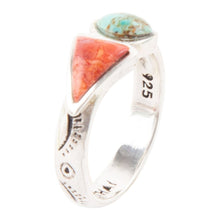 Load image into Gallery viewer, Blue Turquoise and Orange Coral Duo Sterling Silver Ring
