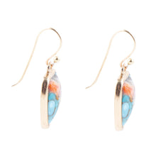Load image into Gallery viewer, Blue Turquoise and Orange Spiny Oyster Matrix Golden Drop Earrings