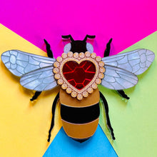 Load image into Gallery viewer, Victorian Age Inspired Insect Jewels Statement Acrylic Brooch - Bee with Diamond Heart by Makokot Design
