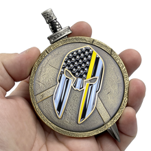 Load image into Gallery viewer, EL5-019 Thin Gold Line 911 Emergency Dispatcher Police Warrior Yellow Gladiator Shield with removable Sword Challenge Coin Set