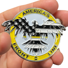 Load image into Gallery viewer, M-31 Thin Gold Line Flag and Eagle Police Challenge Coin 911 Emergency Dispatcher Yellow Line