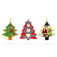 Load image into Gallery viewer, Set of 3 Colorful Holiday Trees with Santa and Hearts Wooden Christmas Ornaments