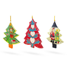 Load image into Gallery viewer, Set of 3 Colorful Holiday Trees with Santa and Hearts Wooden Christmas Ornaments